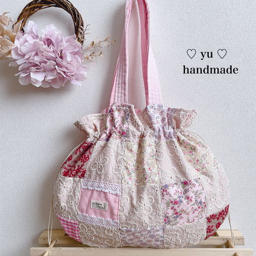 ハンドメイド ピンク 巾着袋 素っ気 花刺繍