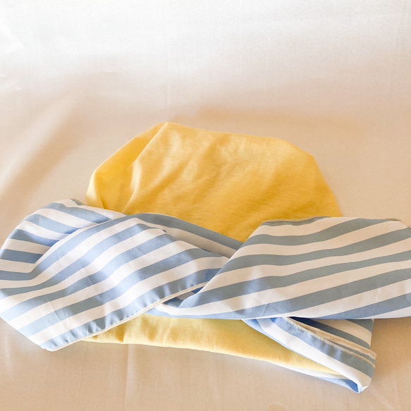 ❤︎春の新作　ターバン風　ケアキャップ　レモンイエロー✖️水色のストライプ　ソフト　ケア帽子　医療用帽子　母のプレゼント 5枚目の画像