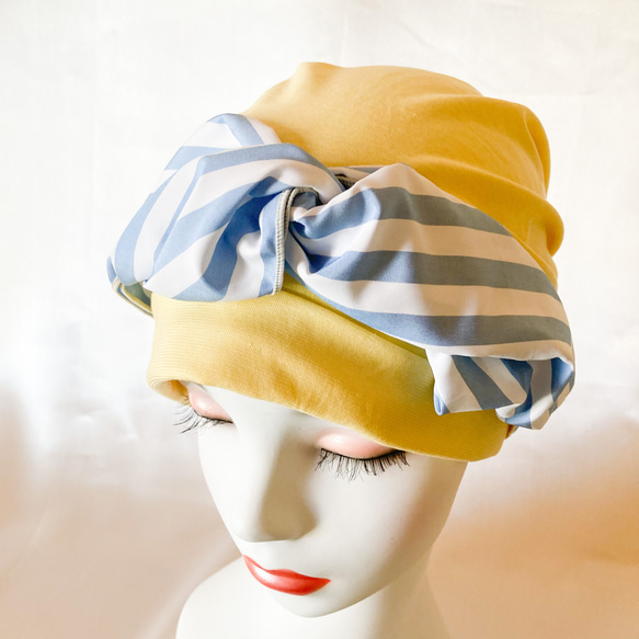 ❤︎春の新作　ターバン風　ケアキャップ　レモンイエロー✖️水色のストライプ　ソフト　ケア帽子　医療用帽子　母のプレゼント 9枚目の画像