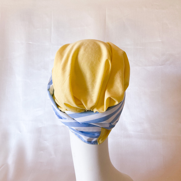 ❤︎春の新作　ターバン風　ケアキャップ　レモンイエロー✖️水色のストライプ　ソフト　ケア帽子　医療用帽子　母のプレゼント 10枚目の画像