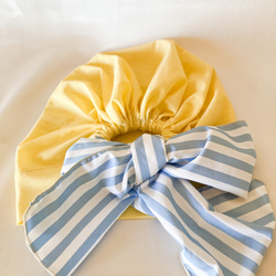 ❤︎春の新作　ターバン風　ケアキャップ　レモンイエロー✖️水色のストライプ　ソフト　ケア帽子　医療用帽子　母のプレゼント 6枚目の画像