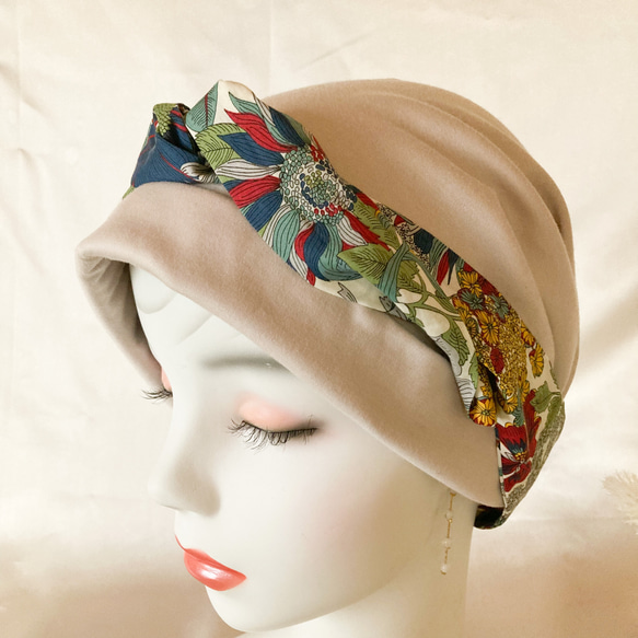 ❤︎優雅頭巾風格護理帽大方米色✖️Liberty Tana Lawn 柔軟護理帽醫療帽 第8張的照片