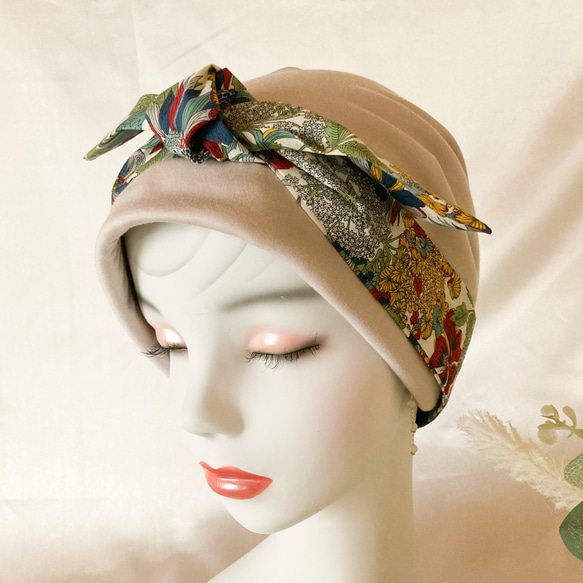 ❤︎優雅頭巾風格護理帽大方米色✖️Liberty Tana Lawn 柔軟護理帽醫療帽 第2張的照片