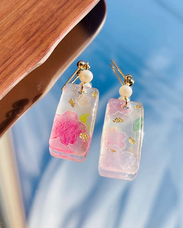 No.626-B　春イメージ☆細長☆レジン☆ピアス・イヤリング 和風 桜、春のピアスUVレジン プラバン No.1 ピアス（フープ