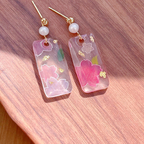 和風 桜、春のピアスUVレジン プラバン No.1 ピアス（フープ