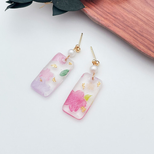 和風 桜、春のピアスUVレジン プラバン No.1 ピアス（フープ 