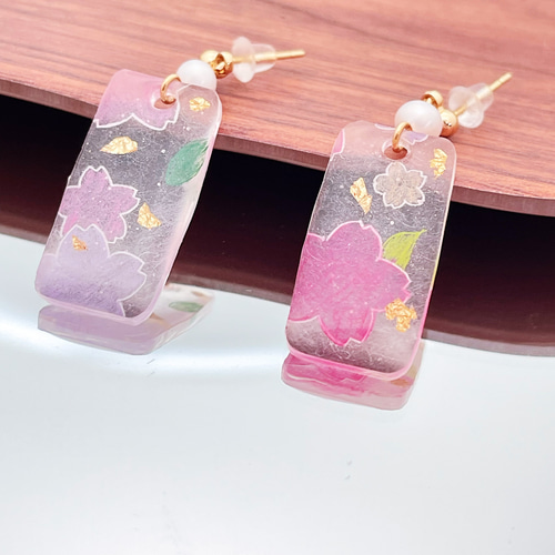 和風 桜、春のピアスUVレジン プラバン No.1 ピアス（フープ 