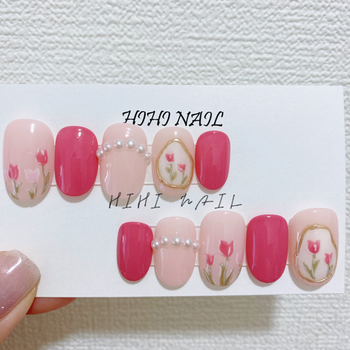 ピンクチューリップ/ネイルチップ/つけ爪/春ネイル/ワンホンネイル