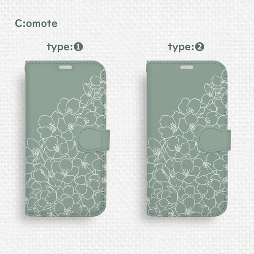さくら咲くiPhone手帳型スマホケース くすみグリーン 全機種対応 春 桜