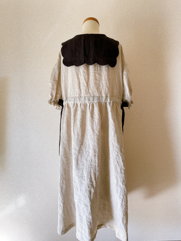 ビスケット衿のリネンワンピース(５分袖)＊ナチュラル×ブラック 8枚目の画像
