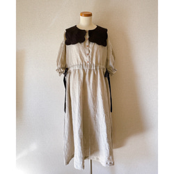 ビスケット衿のリネンワンピース(５分袖)＊ナチュラル×ブラック 3枚目の画像