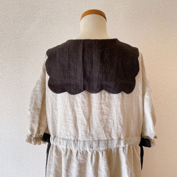 ビスケット衿のリネンワンピース(５分袖)＊ナチュラル×ブラック 7枚目の画像