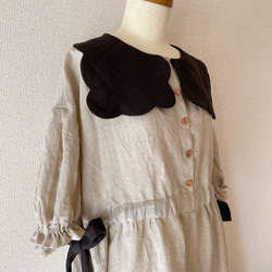 ビスケット衿のリネンワンピース(５分袖)＊ナチュラル×ブラック 4枚目の画像