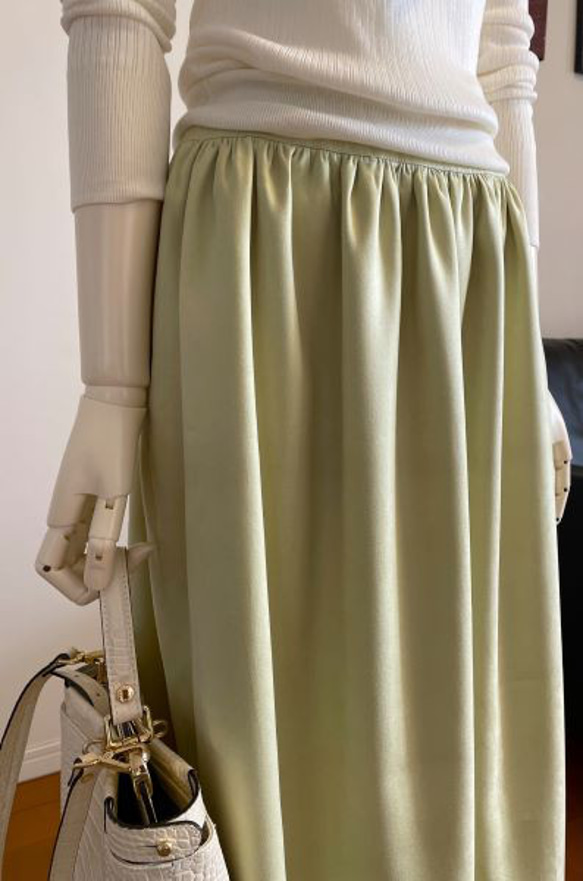 【完成品】5号 ロングギャザースカート(パステル黄緑　71.5㎝丈） 11枚目の画像