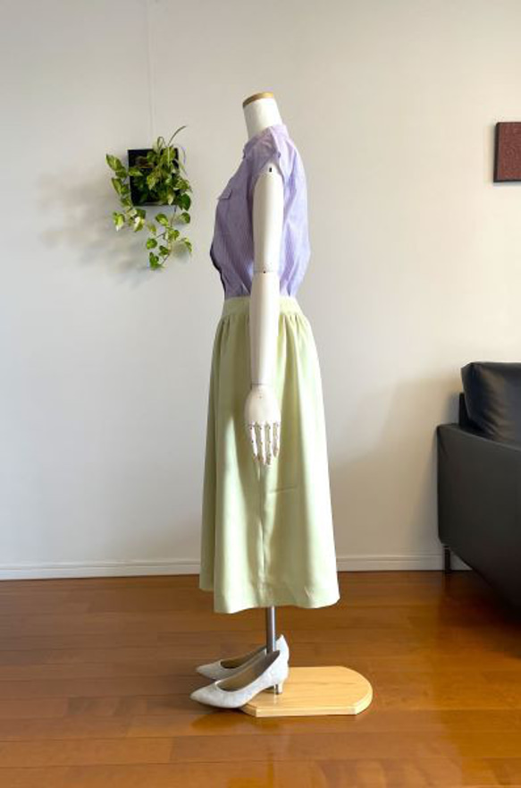 【完成品】5号 ロングギャザースカート(パステル黄緑　71.5㎝丈） 7枚目の画像