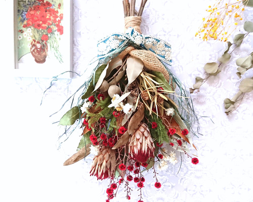 ⑨＊本日価格‼️プロテア　ロビン　5本‼️ ネイティブ スワッグ  花材　人気品種＊ ネイティブフラワー、プロテア・ロビンとスターリンジア、グレヴィレア