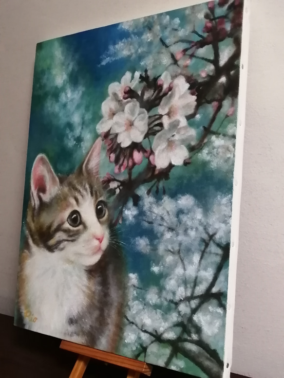 桜と子猫の絵　油絵原画「The arrival of spring」 2枚目の画像