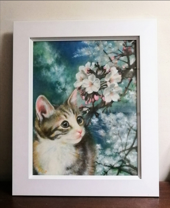 桜と子猫の絵　油絵原画「The arrival of spring」 5枚目の画像