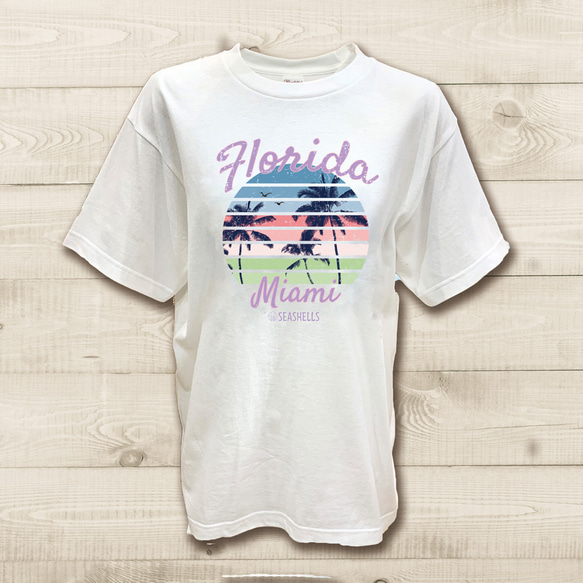 ハワイアンデザインTシャツ フロリダ マイアミ リゾートビーチ ヤシの木のシルエット 半袖カットソー 1枚目の画像