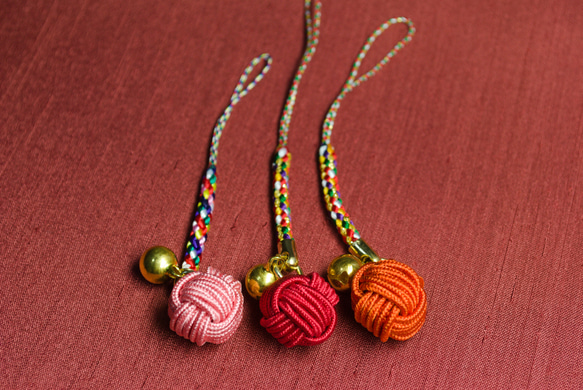 組紐根付ストラップ『福玉』 正絹糸使用 桃色・赤色・橙色 その他