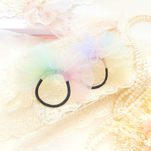 【国内発送】 キラふわ♡チュールリボンヘアゴム ハーフリボンシュシュ ヘアゴム