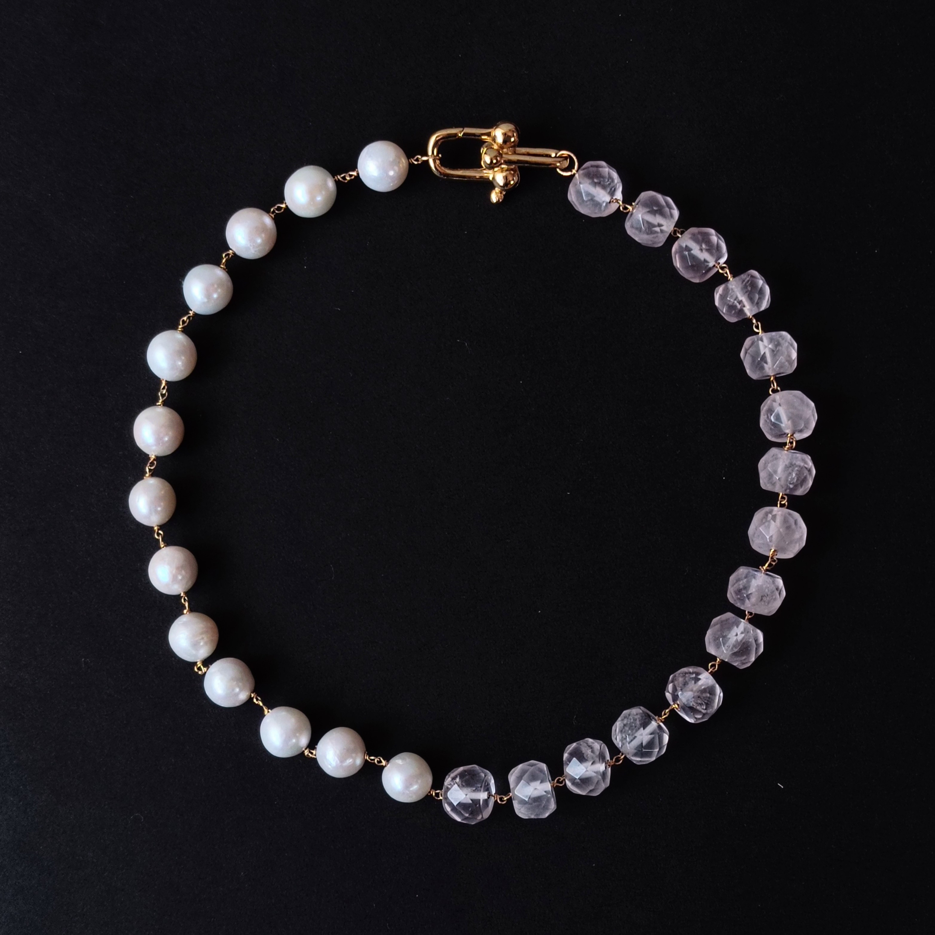 ローズクォーツ (天然水晶) × 大粒 淡水 パール× gf の ネックレス　40cm　6月誕生石