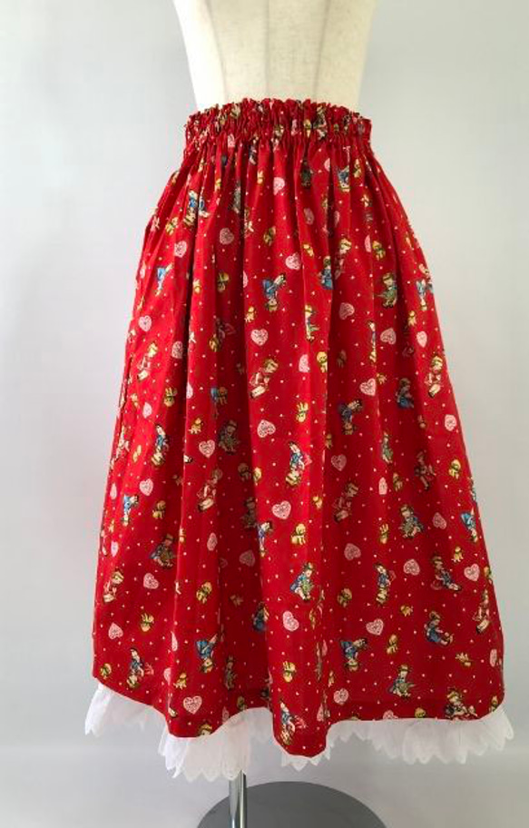 キルトゲイト　ギャザースカート　ゴムウエスト　77cm丈　両サイドシームポケット　赤系　少女 11枚目の画像