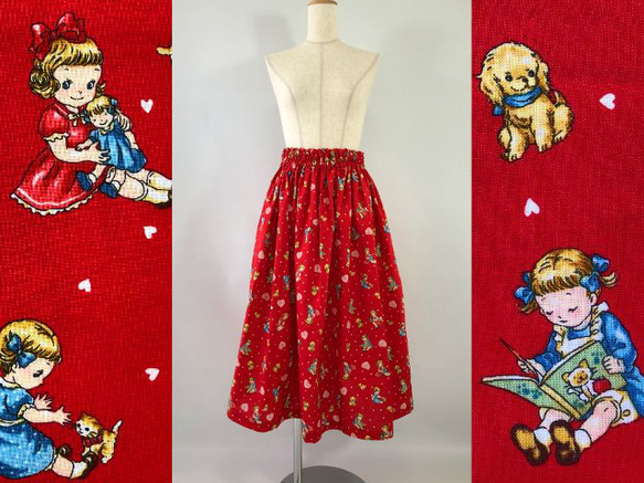 キルトゲイト　ギャザースカート　ゴムウエスト　77cm丈　両サイドシームポケット　赤系　少女 1枚目の画像