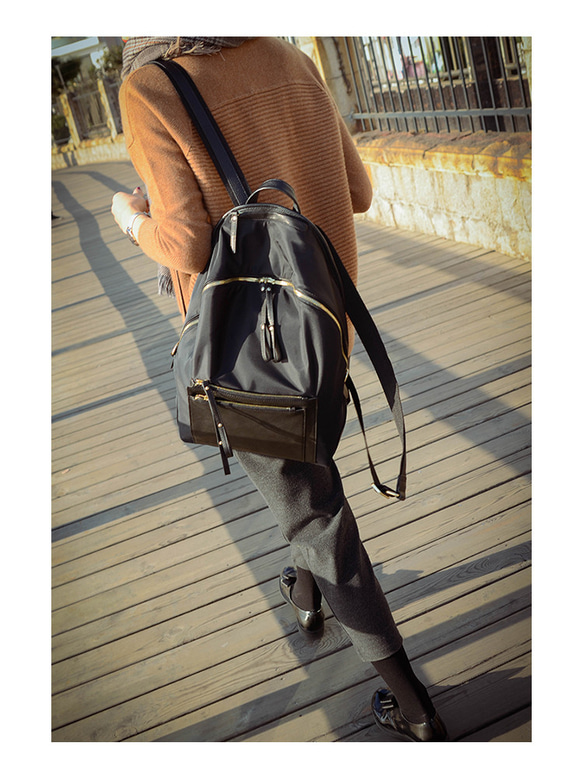 輕質尼龍材質背包 手縫大容量背囊 #JAZZQ12 黑色 第15張的照片