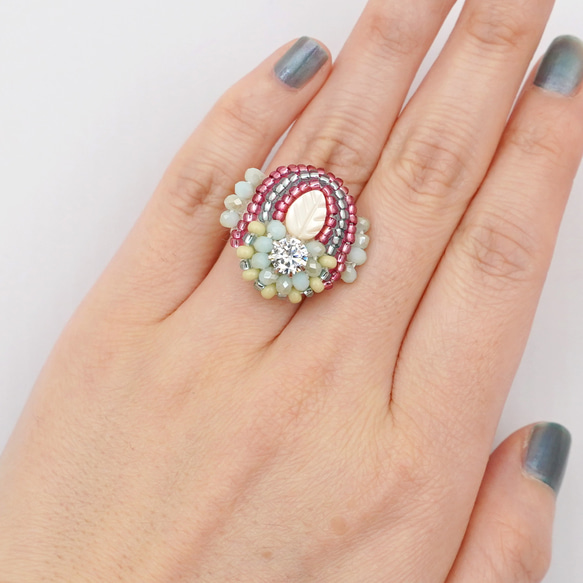 健談戒指 34 均碼串珠刺繡戒指葉寶石粉紅藍色多彩多色 第2張的照片