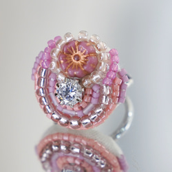 健談戒指 35 均碼珠繡戒指花寶石粉色多彩多色 第2張的照片