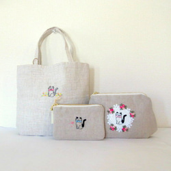 亞麻刺繡手提包、手袋和咖啡套裝 * 春花貓 B 第1張的照片