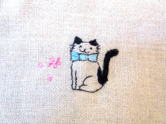 亞麻刺繡手提包、手袋和咖啡套裝 * 春花貓 B 第17張的照片