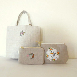亞麻刺繡手提包、手袋和咖啡套裝 * 春花貓 C 第1張的照片