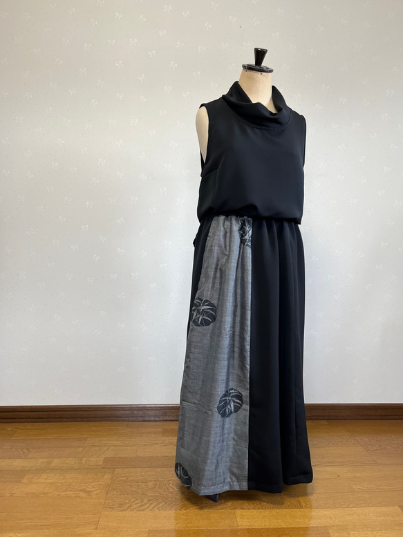 着物リメイク　泥大島と絵羽織反物からのパッチスカート 4枚目の画像