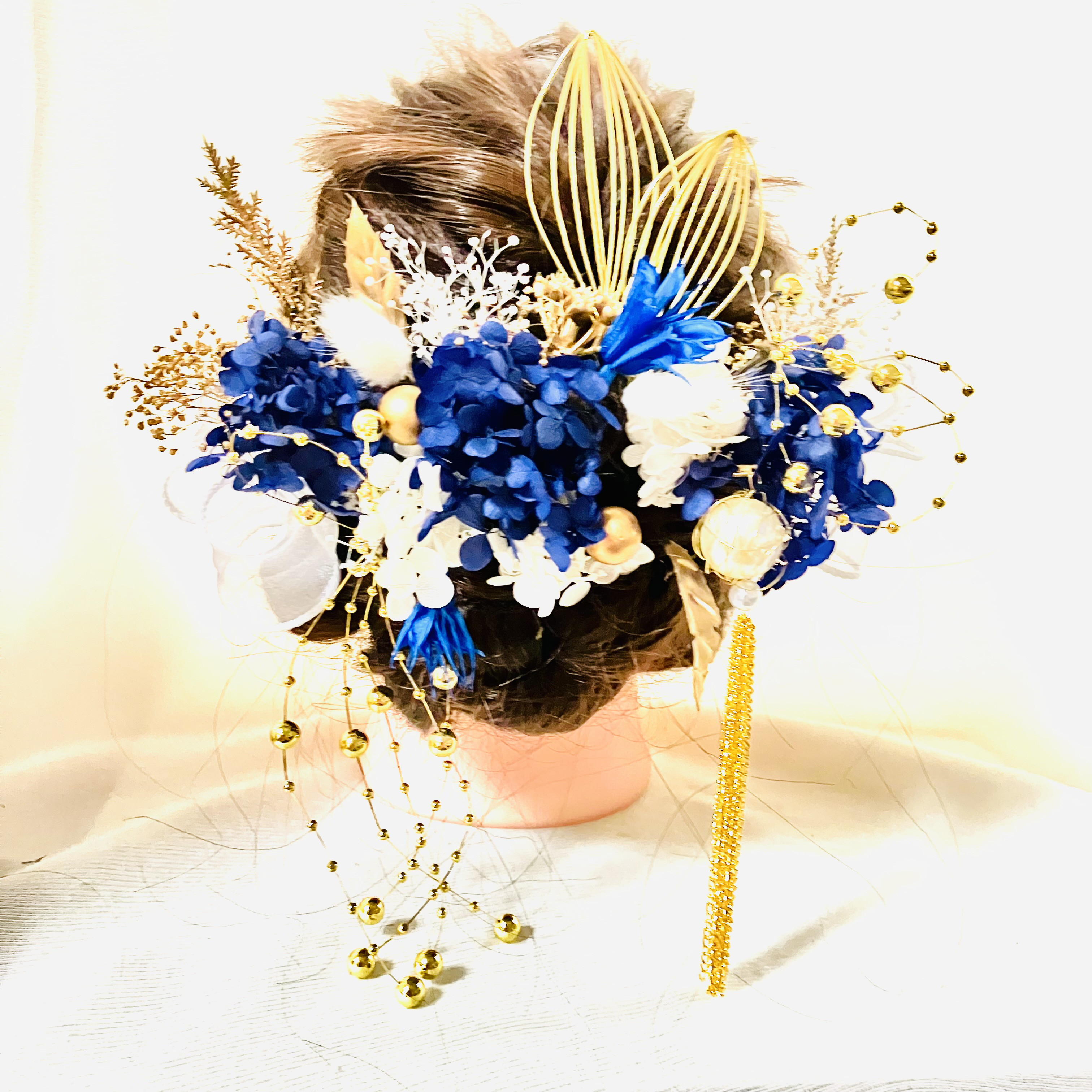【成人式・卒業式】揺れるパール簪と金水引の髪飾りセット／エジプトブルー×金箔×上品アレンジ