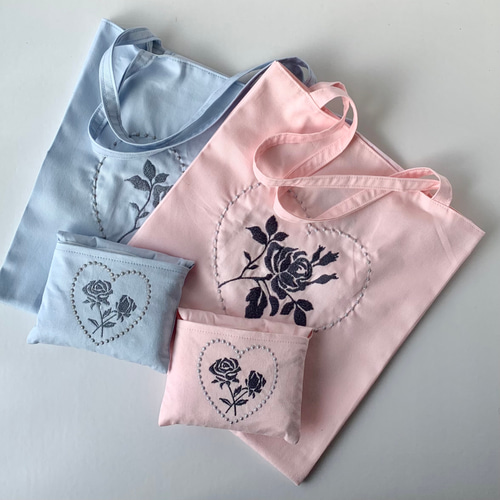 福袋・半額ポスター - クリーニング屋さん専用の通 薔薇のシルエット刺繍 ミニエコバッグ(ピンク) エコバッグ・サブ バッグ
