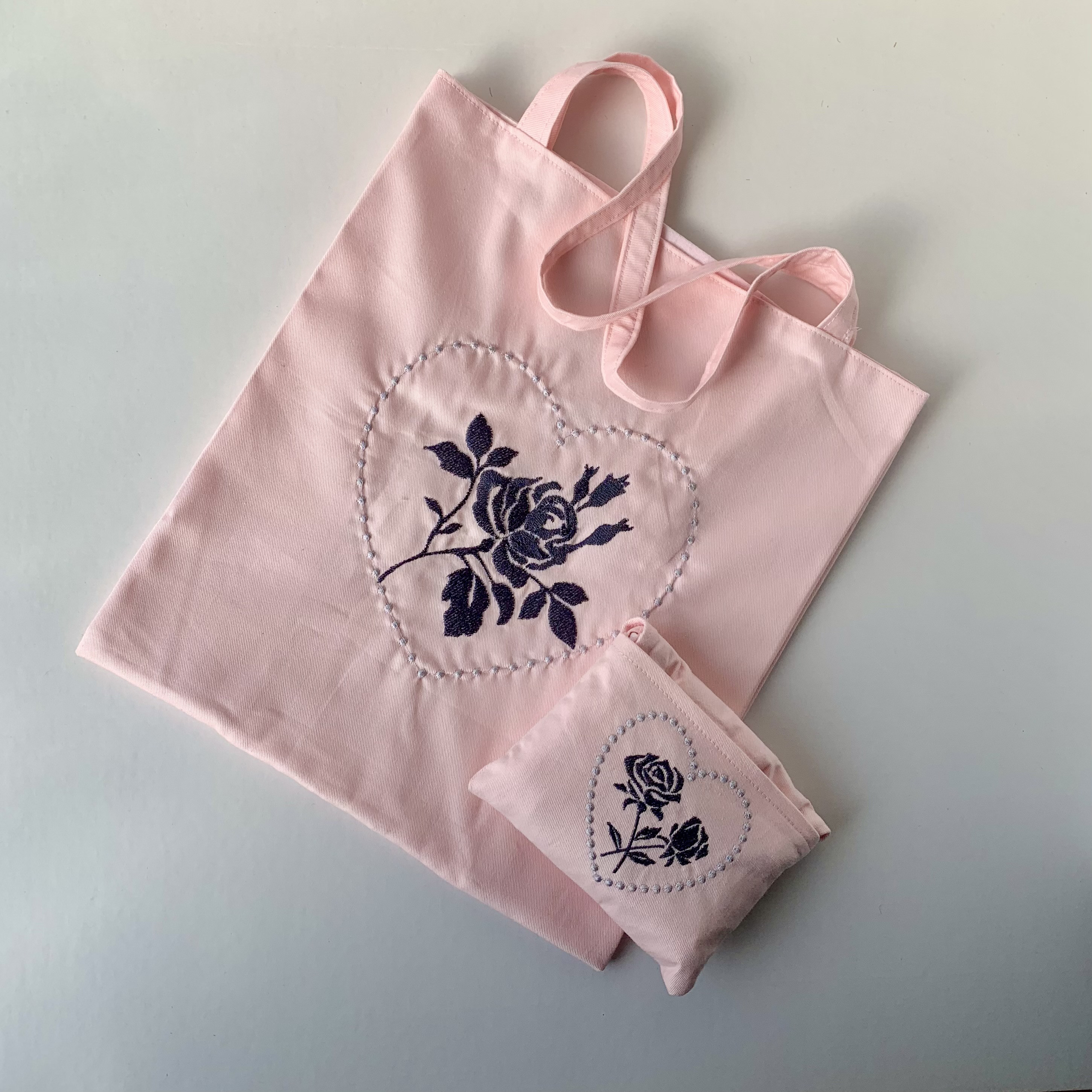 エコバッグ　薔薇刺繍 薔薇のシルエット刺繍 ミニエコバッグ(ピンク) エコバッグ・サブ