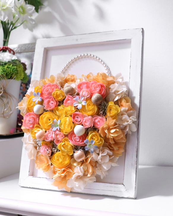 手作りオレンジ系アートフラワー ハートの壁飾りオレンジガーデン【人気シリーズ♪】 アート