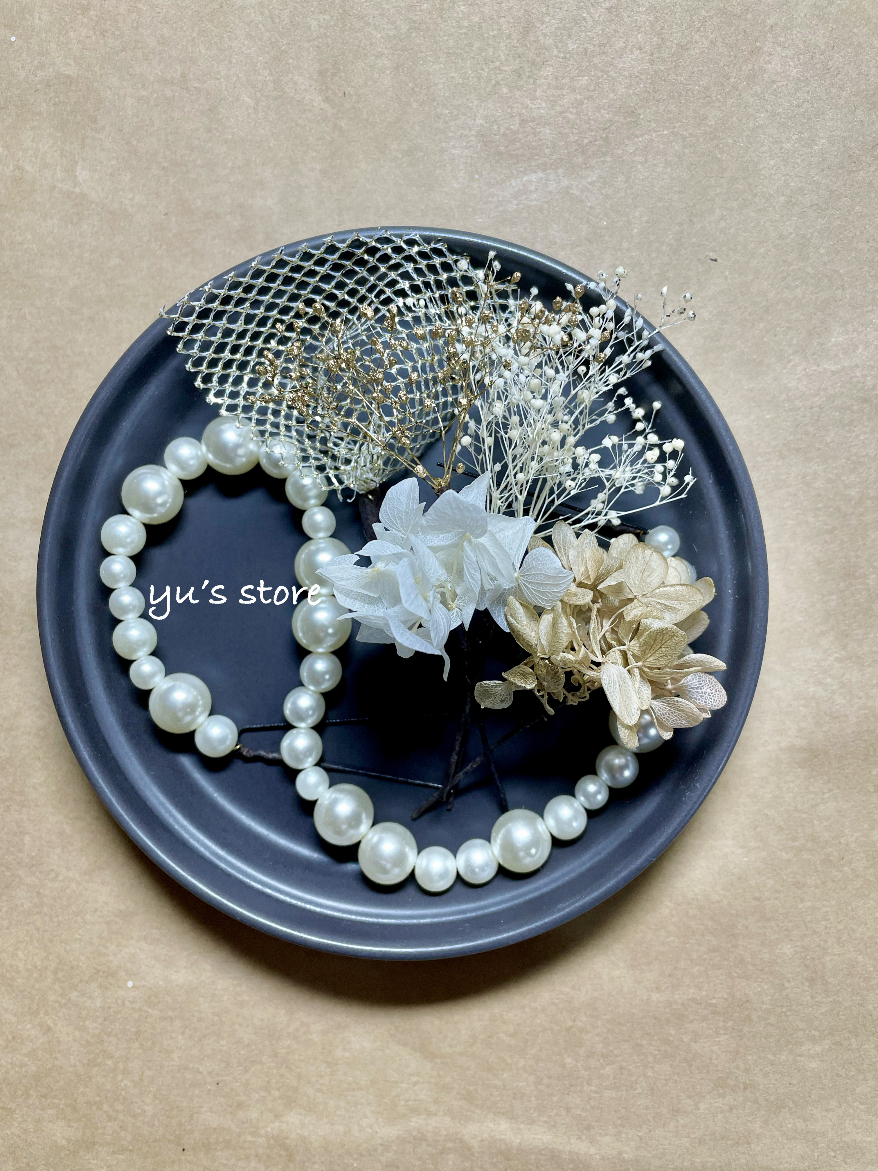 【パールチェーン×ゴールド】ドライフラワー　ヘアアクセサリー　結婚式　成人式　卒業式　前撮り　パール　チュール