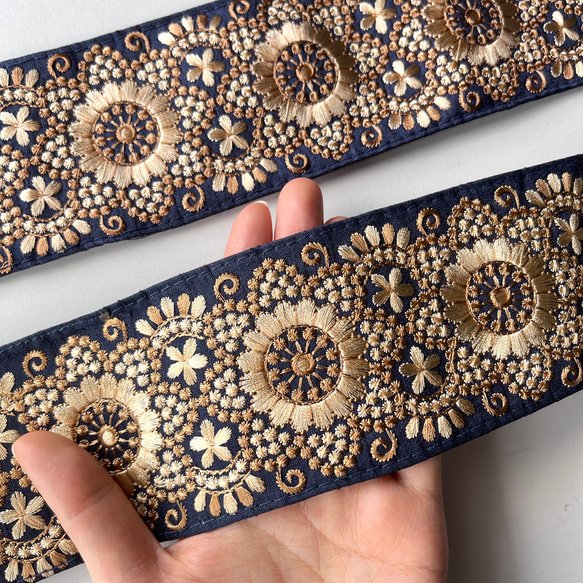 50cm】インド刺繍リボン ネイビー シルク SS587 リボン・テープ CRAFT
