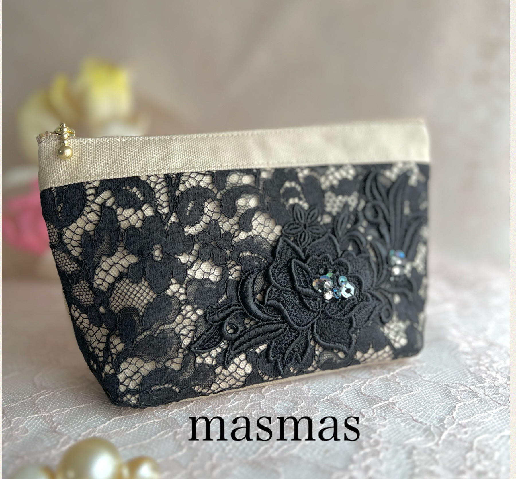 ❤️人気❤️素敵過ぎるポーチ❤️フランス製リバーレース❤️高級薔薇レース❤️スワロフスキービジュ