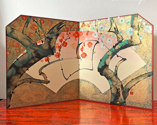 紅白梅に短冊図屏風、超希少・大判画集画、新品高級額装付 美術