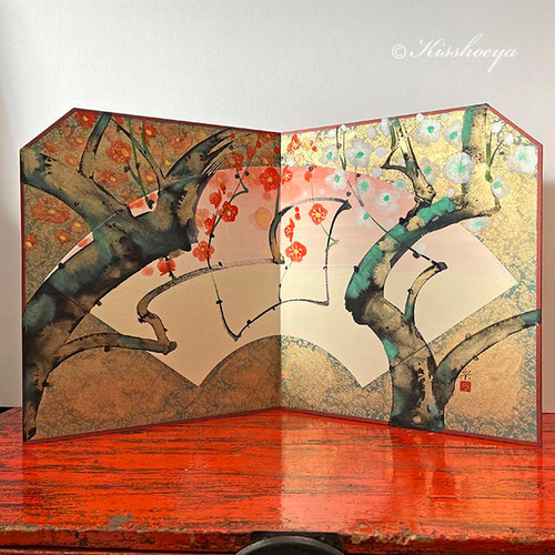 吉祥紅白梅図姫屏風」 手描き原画 ☆海外へのお土産にもおすすめ