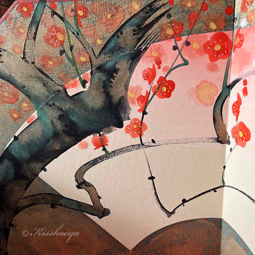 吉祥紅白梅図姫屏風」 手描き原画 ☆海外へのお土産にもおすすめの和  