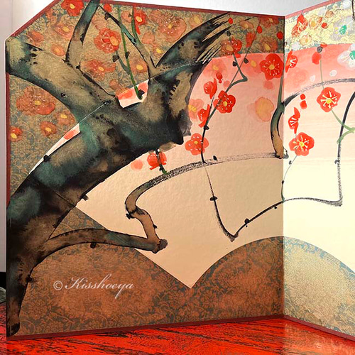 屏風絵 梅手書き屏風絵 楽天市場】紅白梅図屏風の通販