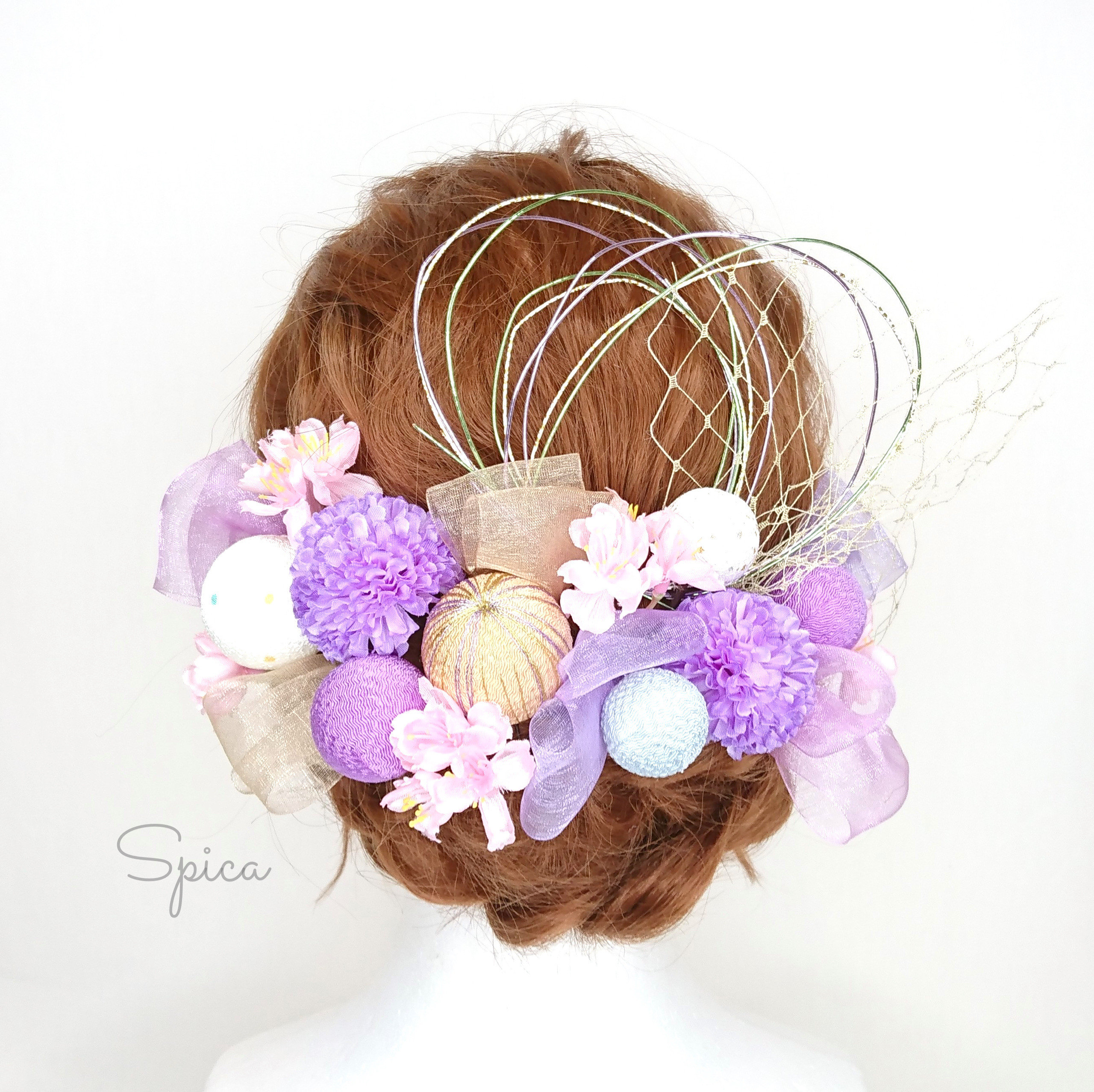 【一点限定】桜とちりめん和玉とリボンのヘッドドレス 成人式 卒業式 和風 水引 紫 淡色 ベージュ 袴 薄紫