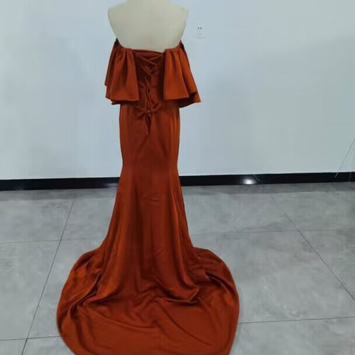 ロングドレス テラコッタ オフシェル ベアトップ 高級イタリアサテン  