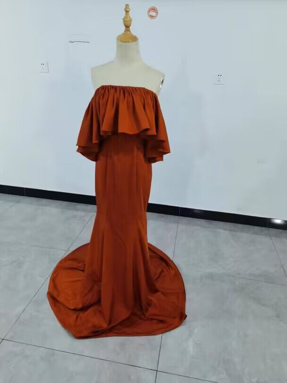 ロングドレス テラコッタ オフシェル ベアトップ 高級イタリアサテン  