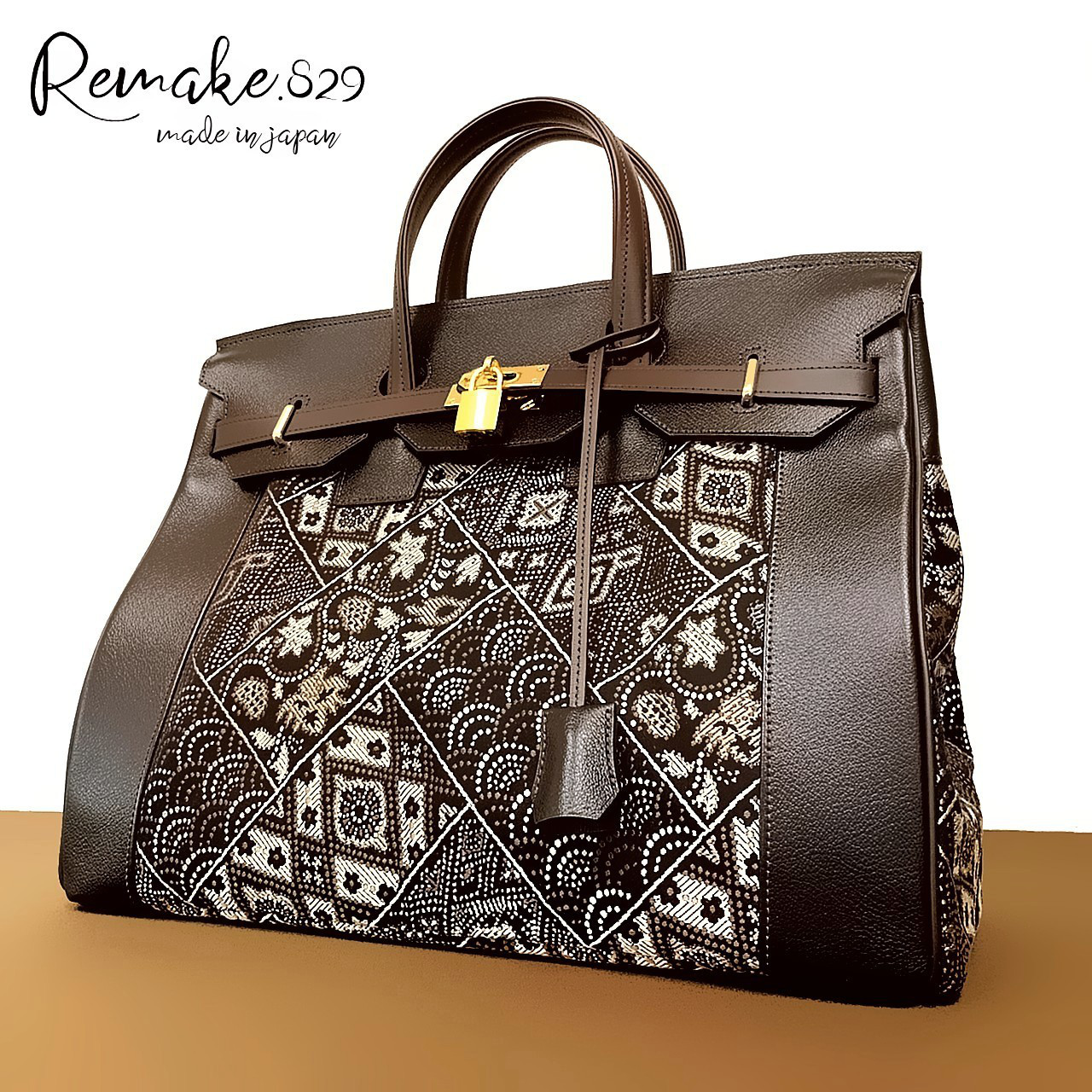 持ち手本革 帯リメイク まるで絵画のようなエジプト柄のトートバッグ